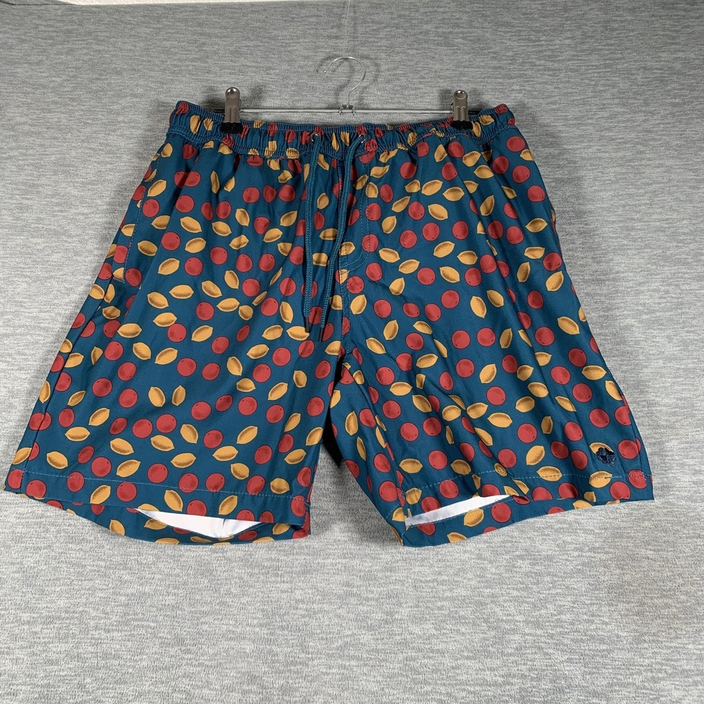 Lucky Brand Swim Shorts Mens Medium Blue Tropical Dot Print Lined Trunks Stretch